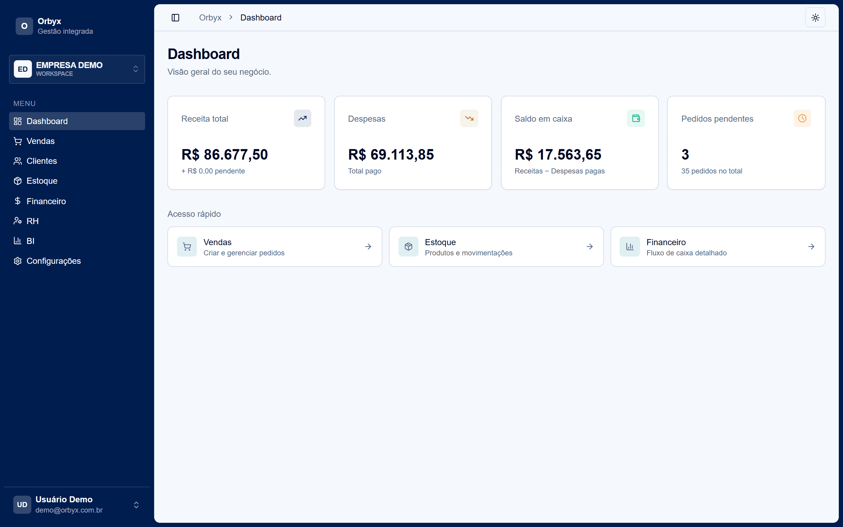 Dashboard ERP Mini — tema claro